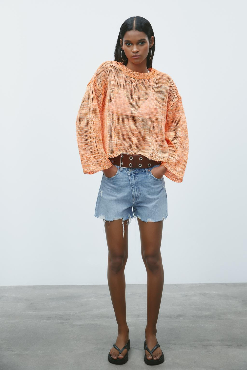 ZARA СВИТЕР ИЗ АЖУРНОГО ТРИКОТАЖА, ОРАНЖЕВЫЙ