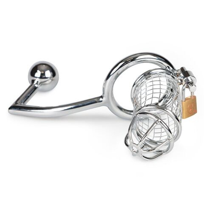 Мужской пояс верности с анальной пробкой Sinner Metal Penis Cage With Anal Hook (Цвет: серебристый)