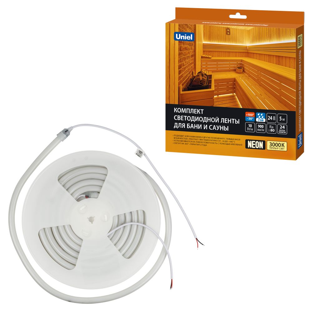 ULS-N40-2835-120LED-m-16mm-IP68-DC24V-10W-m-5M-3000K NEON SET01 Комплект светодиодной ленты для бань и саун. до +100С. катушка 5м. Теплый белый свет 3000К. Крепление в-к. TM Uniel