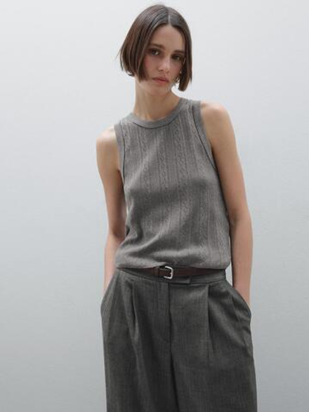 Massimo Dutti Топ из ажурной ткани с круглым вырезом, серый