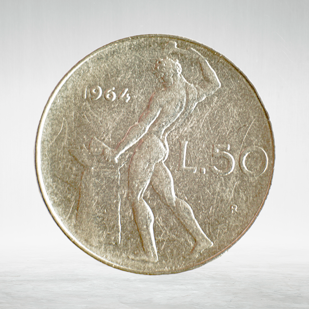 Italy 50 Lire 1964 R "Vulcan at Anvil – Large Type", XF