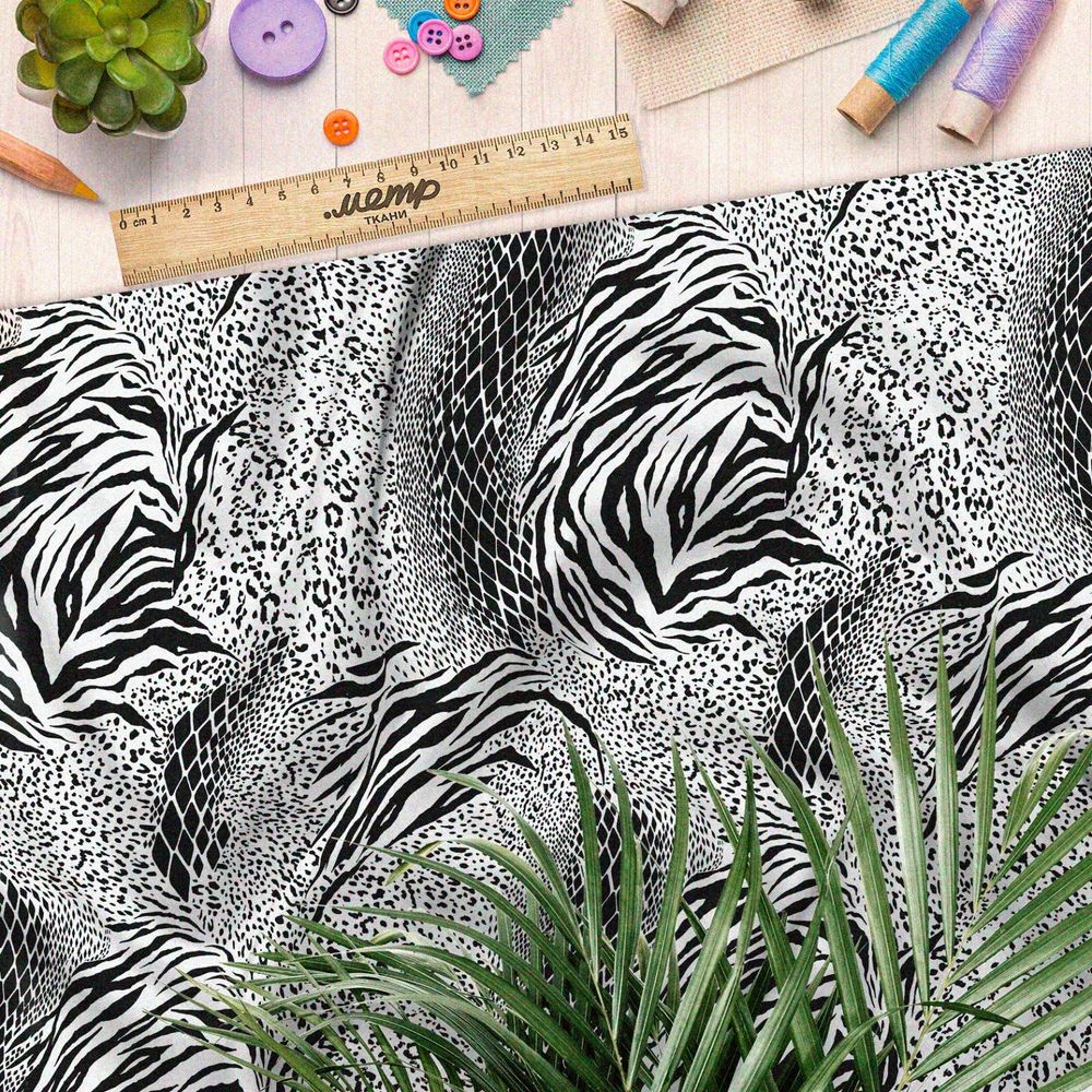 Ткань лён чёрно-белые принты животных