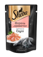 Влажный корм Sheba Pleasure для взрослых кошек, форель и креветки, ломтики в соусе, 85 г