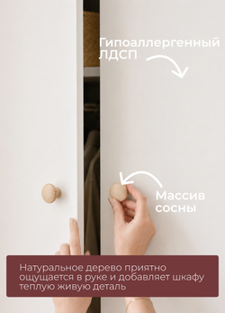 Шкаф 74х45х170, Марм, распашной для одежды, детский, двухдверный, с деревянной штангой, массив сосны, белый, Marmur