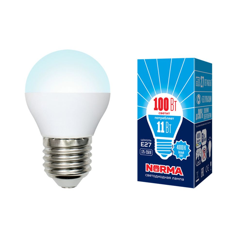 LED-G45-11W/NW/E27/FR/NR Лампа светодиодная. Форма шар, матовая. Серия Norma. Белый свет (4000K). Картон. ТМ Volpe