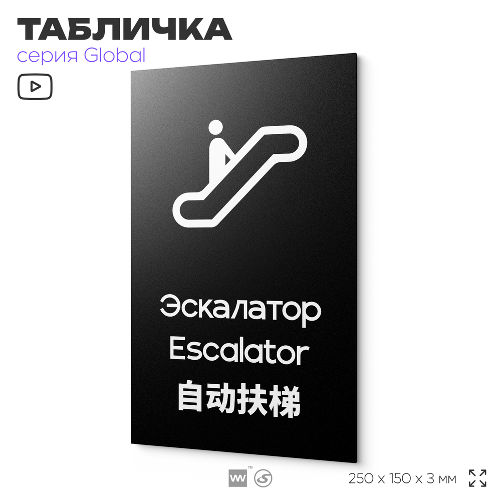 Табличка Эскалатор, на дверь и стену, информационная и мультиязычная (русский, английский, китайский), серия GLOBAL, 25х15 см, Айдентика Технолоджи