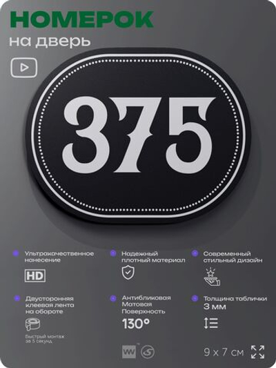 Номерок на дверь квартиры 375, для кабинета, офиса, шильдик 9 х 7 см, черный, Айдентика Технолоджи