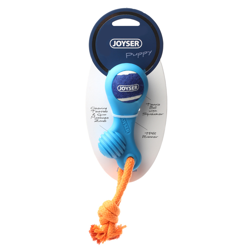 Игрушка для собак JOYSER Puppy Резиновая косточка с теннисным мячом S голубая, 13 см