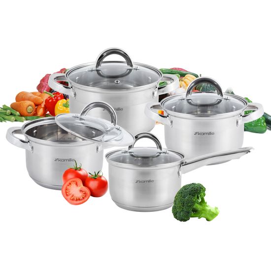 Набор посуды 8 предметов из нержавеющей стали Kamille КМ-5632S (ковш 1,8 л; кастрюли 2,5 л; 3,8 л; 5,8 л)