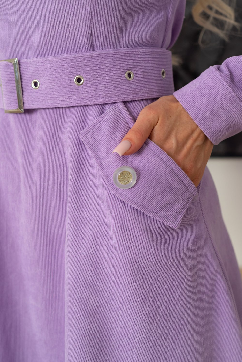 Платье сиреневое из микровельвета с карманами