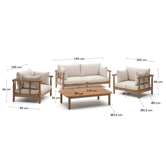 Комплект мебели Sacova из массива эвкалипта, 2 кресла, диван, журнальный столик