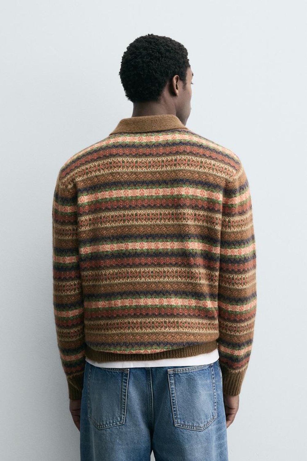 ZARA ТРИКОТАЖНОЕ ПОЛО ЖАККАРДОВОЕ ГЕОМЕТРИЧЕСКОЕ, КОРИЧНЕВЫЙ