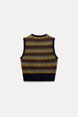 ZARA ЖАККАРДОВЫЙ ТРИКОТАЖНЫЙ ЖИЛЕТ, РАЗНОЦВЕТНЫЙ