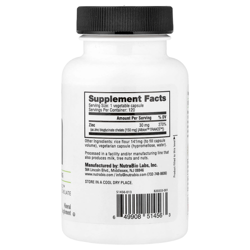 NutraBio, цинк, 30 мг, 120 капсул