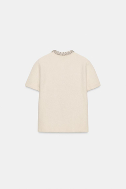 ZARА КАРДИГАН ИЗ ШЕРСТИ С ВОРОТНИКОМ И СТРАЗАМИ, ЭКРЮ