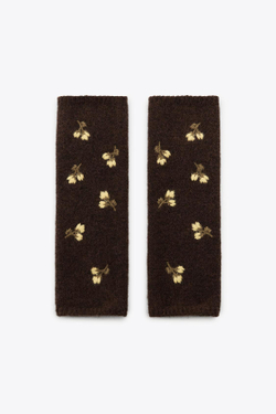 ZARA ТРИКОТАЖНЫЕ МИТЕНКИ С ЦВЕТОЧНОЙ ВЫШИВКОЙ, КОРИЧНЕВЫЙ