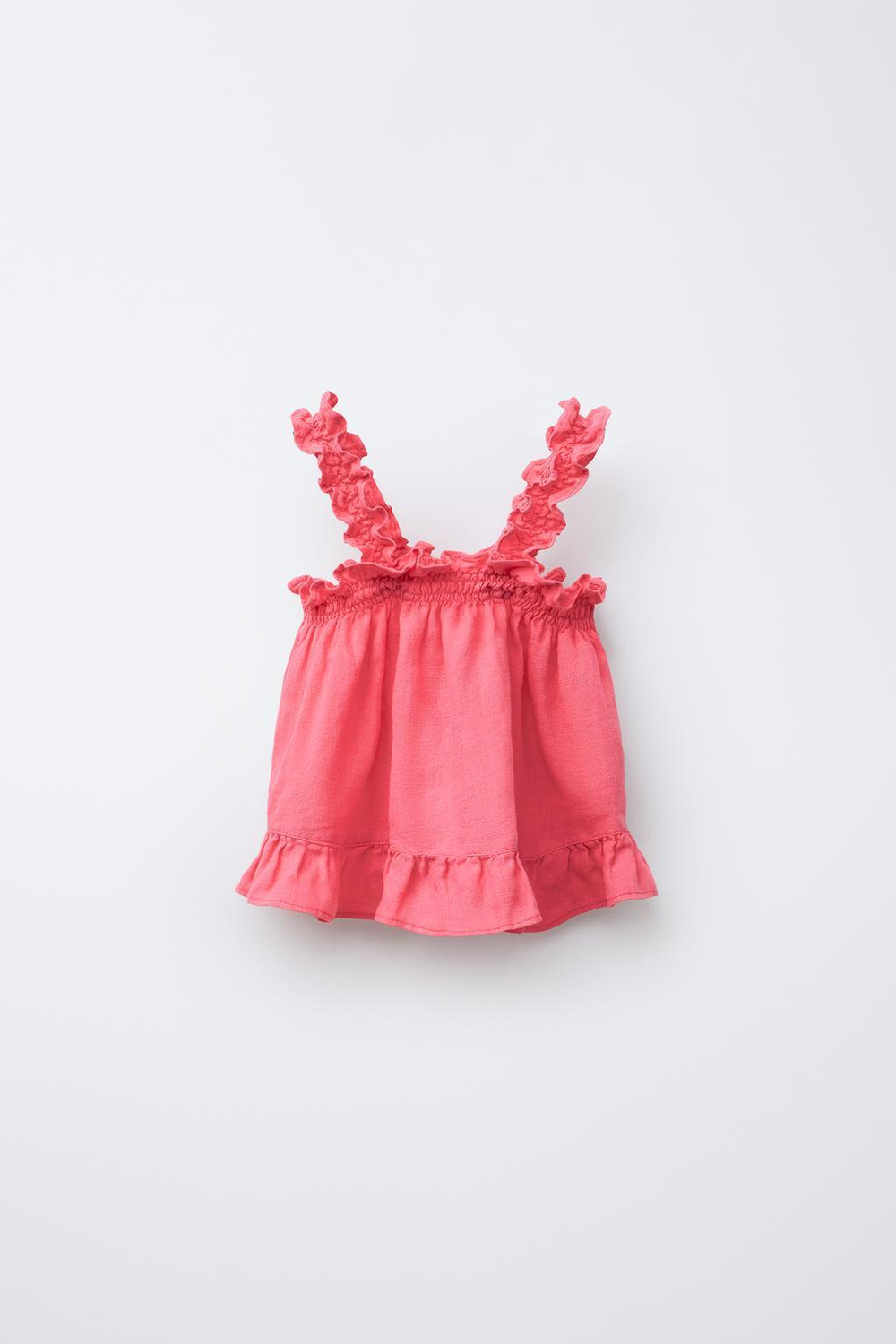 ZARA ТОП ИЗ 100% ЛЬНА С ВОЛАНАМИ, КОРАЛЛОВО-КРАСНЫЙ