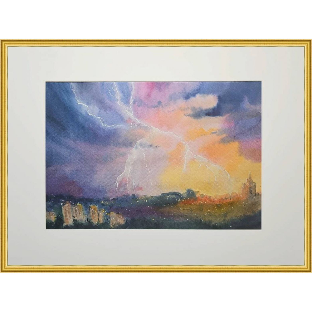 Картина акварельная авторская в паспарту 30х40 см на стену для интерьера "Гроза над Москвой"