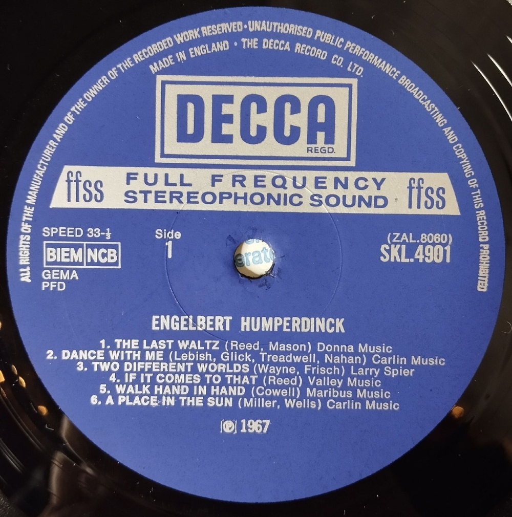 Винтажная виниловая пластинка LP Engelbert Humperdinck The Last Waltz (UK 1967)