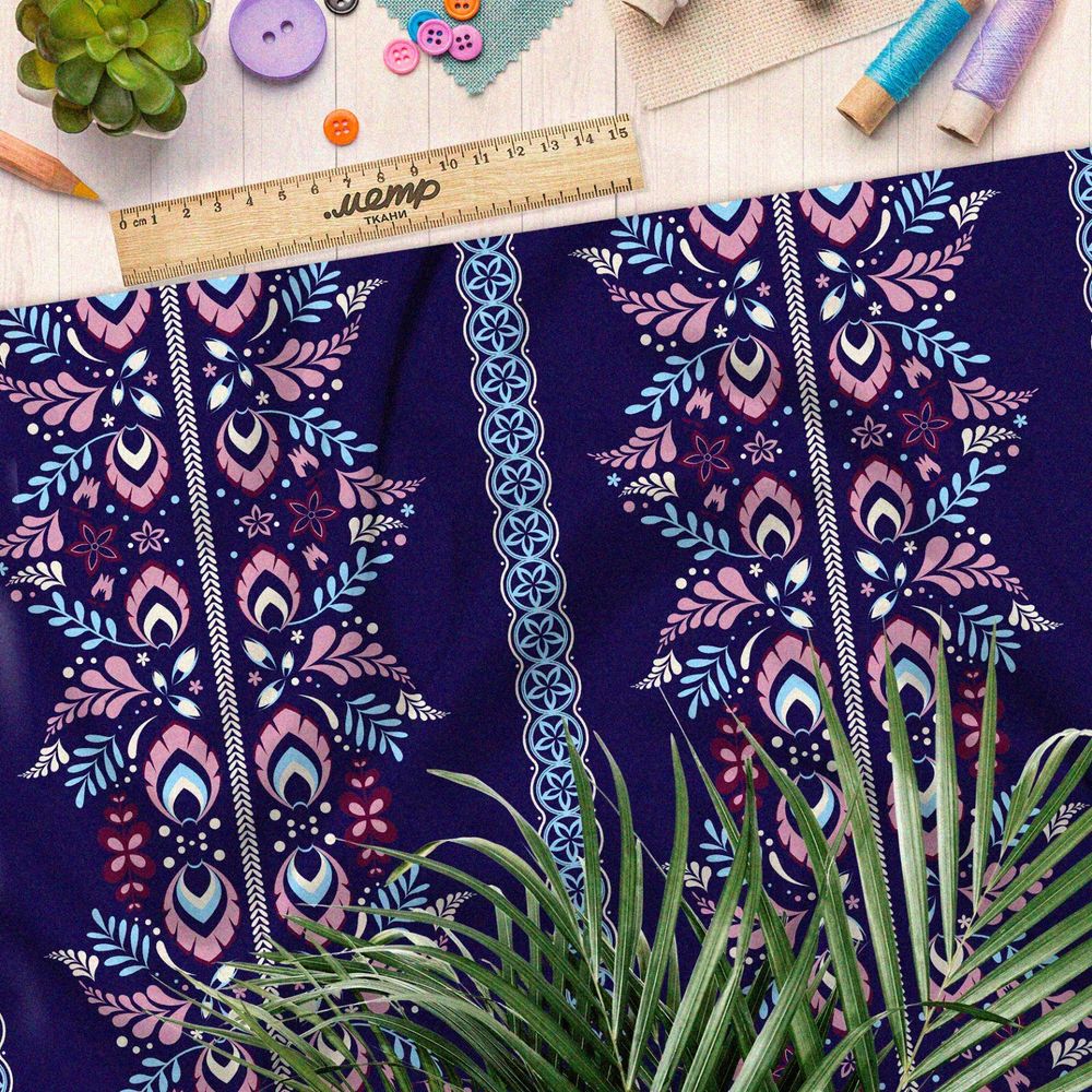 Ткань атлас симметричный узор "огурцы" на тёмно-синем фоне