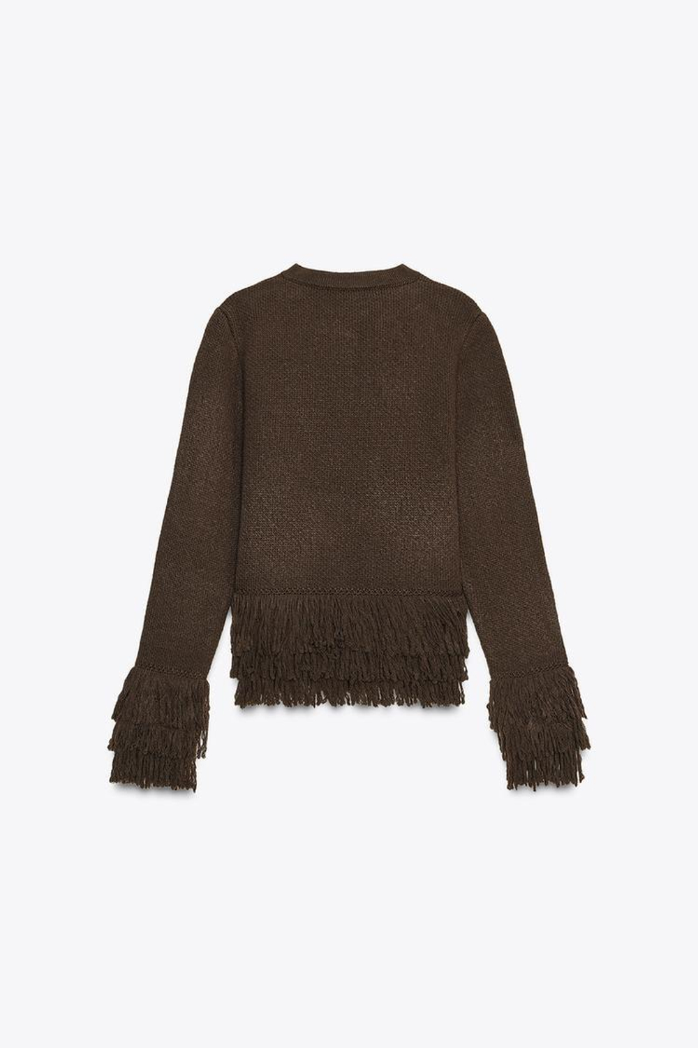 ZARA ВЯЗАНЫЙ КАРДИГАН С БАХРОМОЙ И ПУГОВИЦЕЙ, КОРИЧНЕВЫЙ