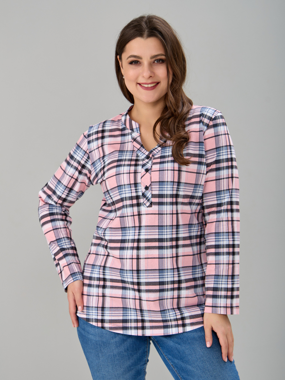 Блузка БЛ-22/клеткарозовый-индиго