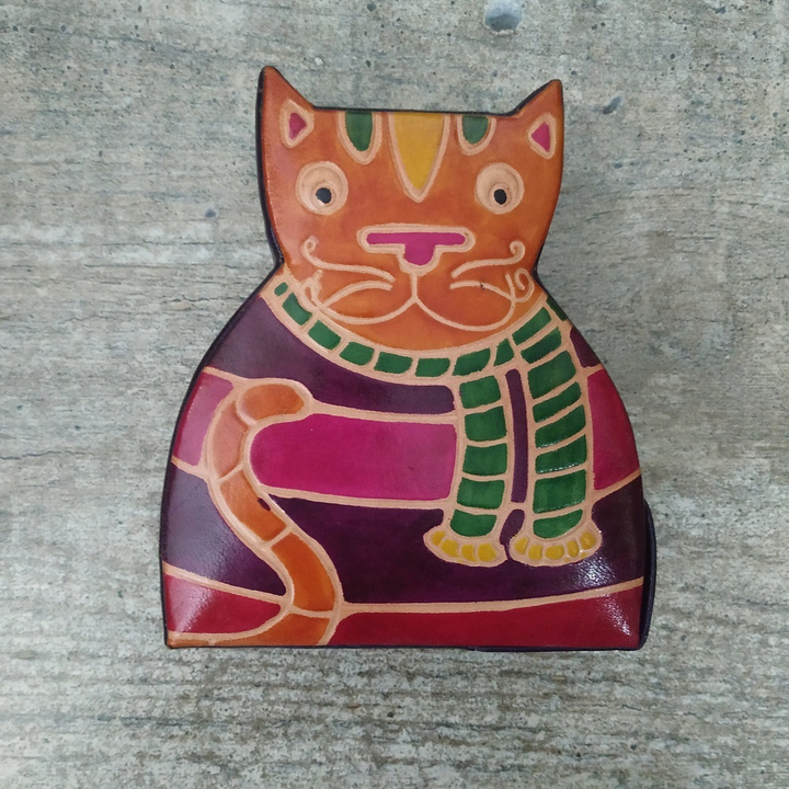 Копилка под мелочь "Кошка", цвет фиолетовый, натуральная кожа ручной принт