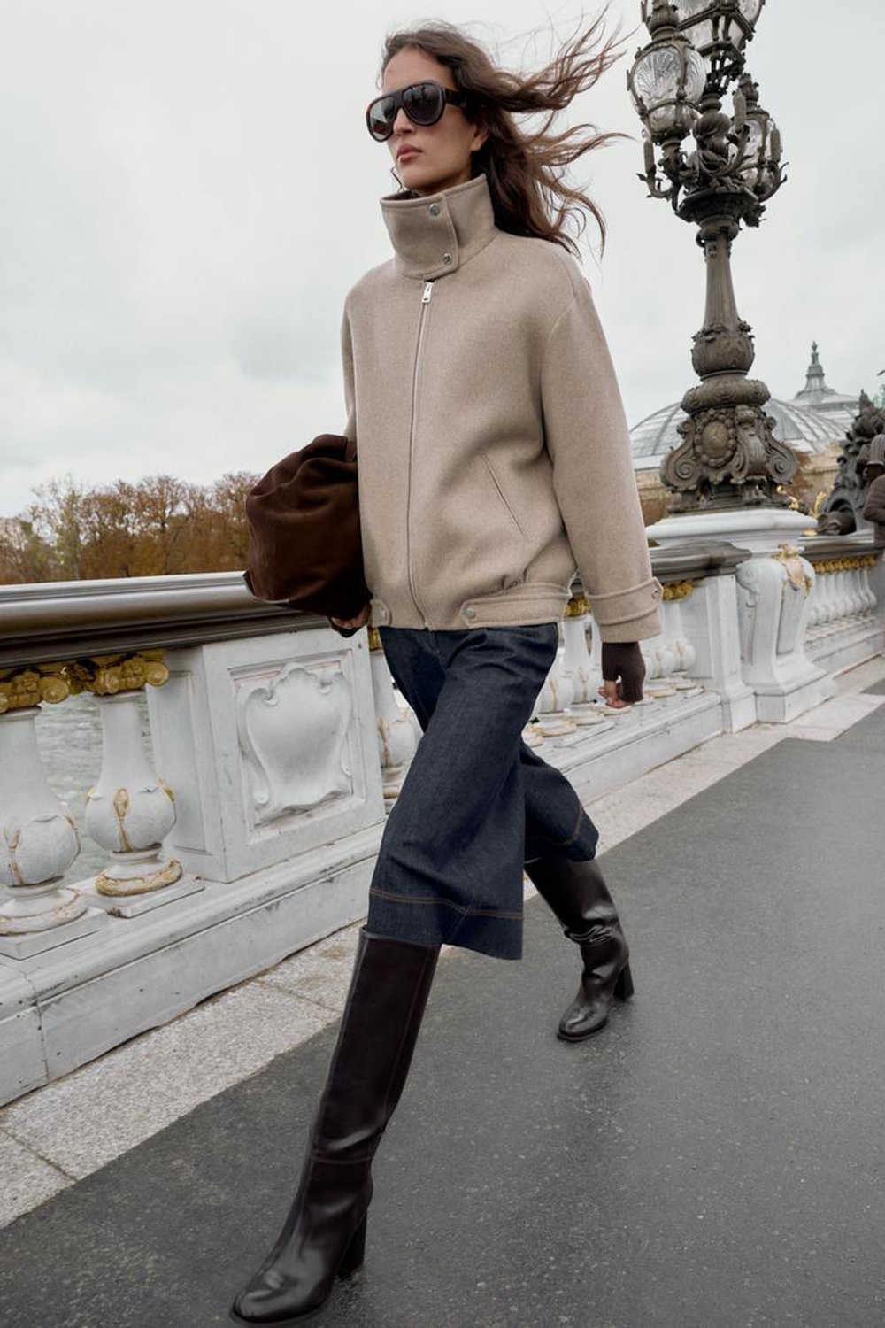 ZARA БОМБЕР ИЗ ШЕРСТИ С ВЫСОКИМ ВОРОТНИКОМ, СВЕТЛЫЙ СЕРО-КОРИЧНЕВЫЙ