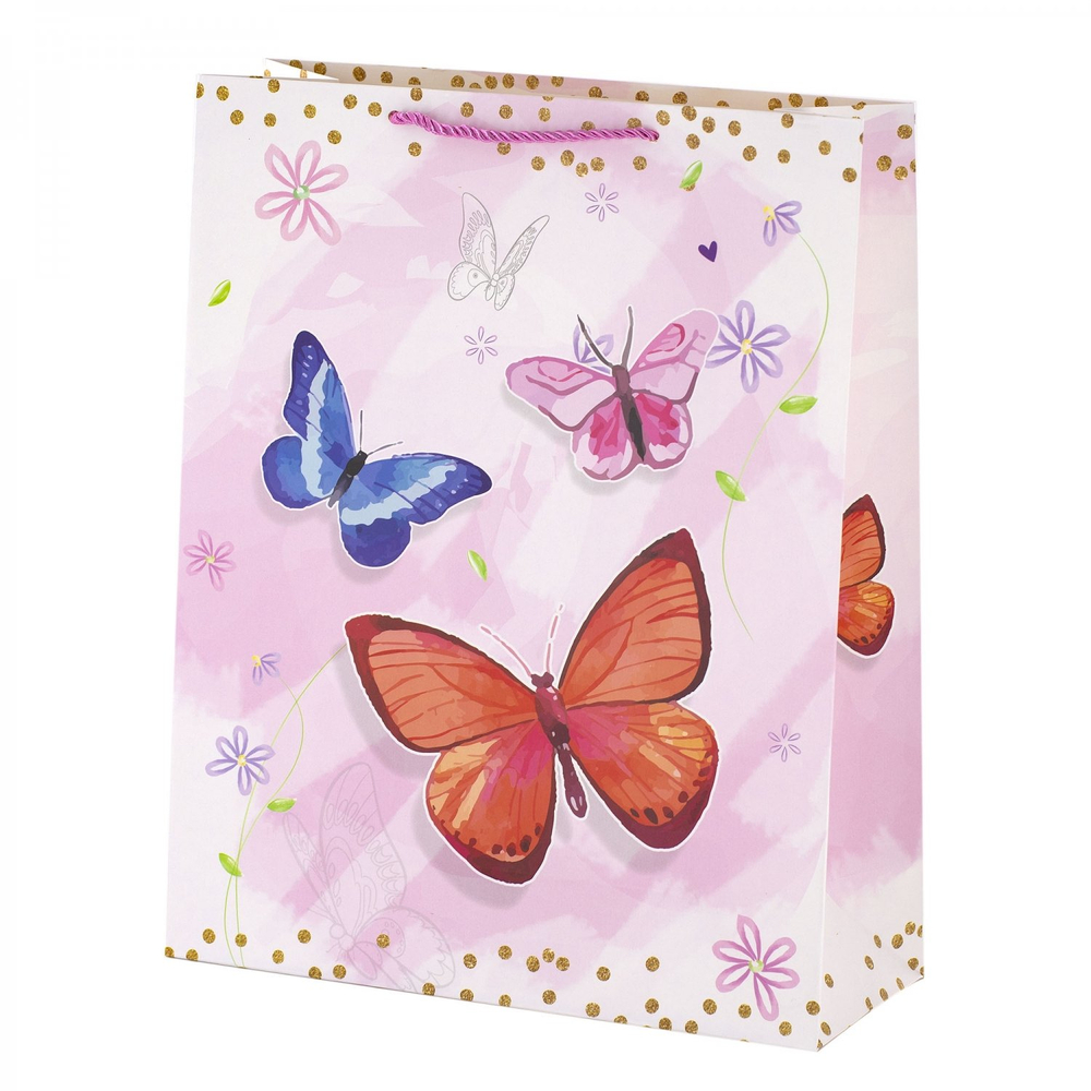 Пакет подарочный бумажный Alingar, (XL) 31х40х12 см, вертикальный, "Нежные бабочки", матов. ламинация, ассорти