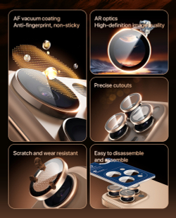 Защитное стекло на камеры с золотистыми (Desert Titanium) рамками из алюминия для iPhone 16 Pro и 16 Pro Max, серия HAWK Series Camera Lens Protector