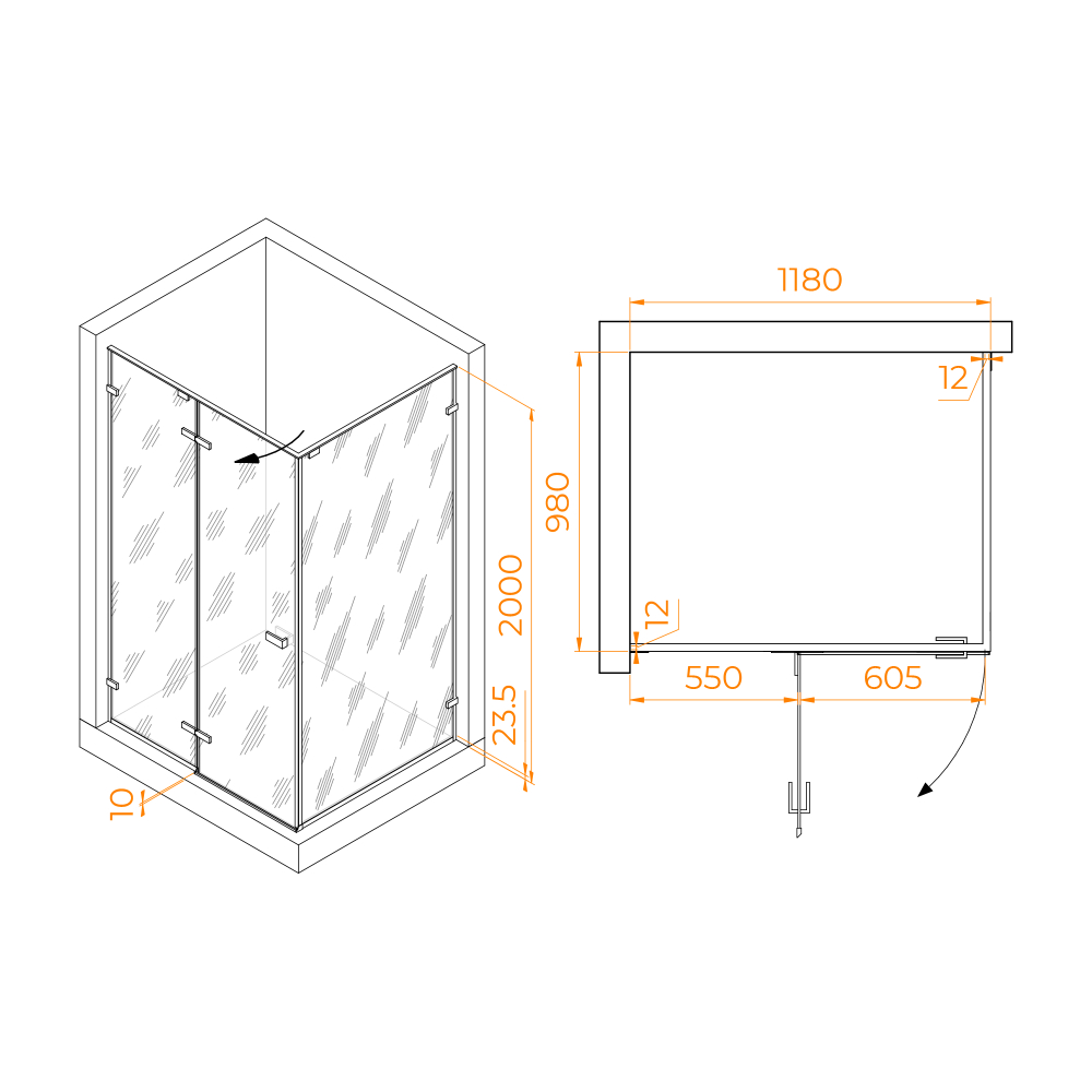 Душевой уголок с распашной дверью на петлях - RGW SV-040Gr (Матовое-Сатинат, 1200x1000)