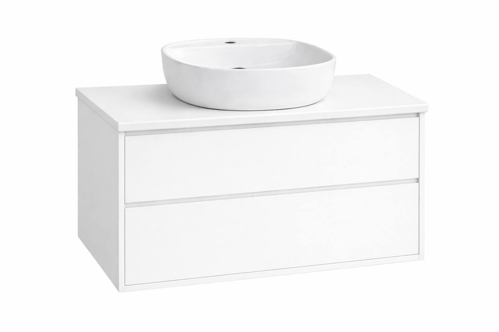 Тумба под раковину COOL с 2 выдвижными ящиками 100x45x54 CL.100.WM белый+Столешница накладная на тумбу для раковины-чаши FLAT 101x46 EP101.W белый+Раковина накладная овальная, с полочкой для смесителя 405x405x120 мм SPIN 40 CG. 23541 белый