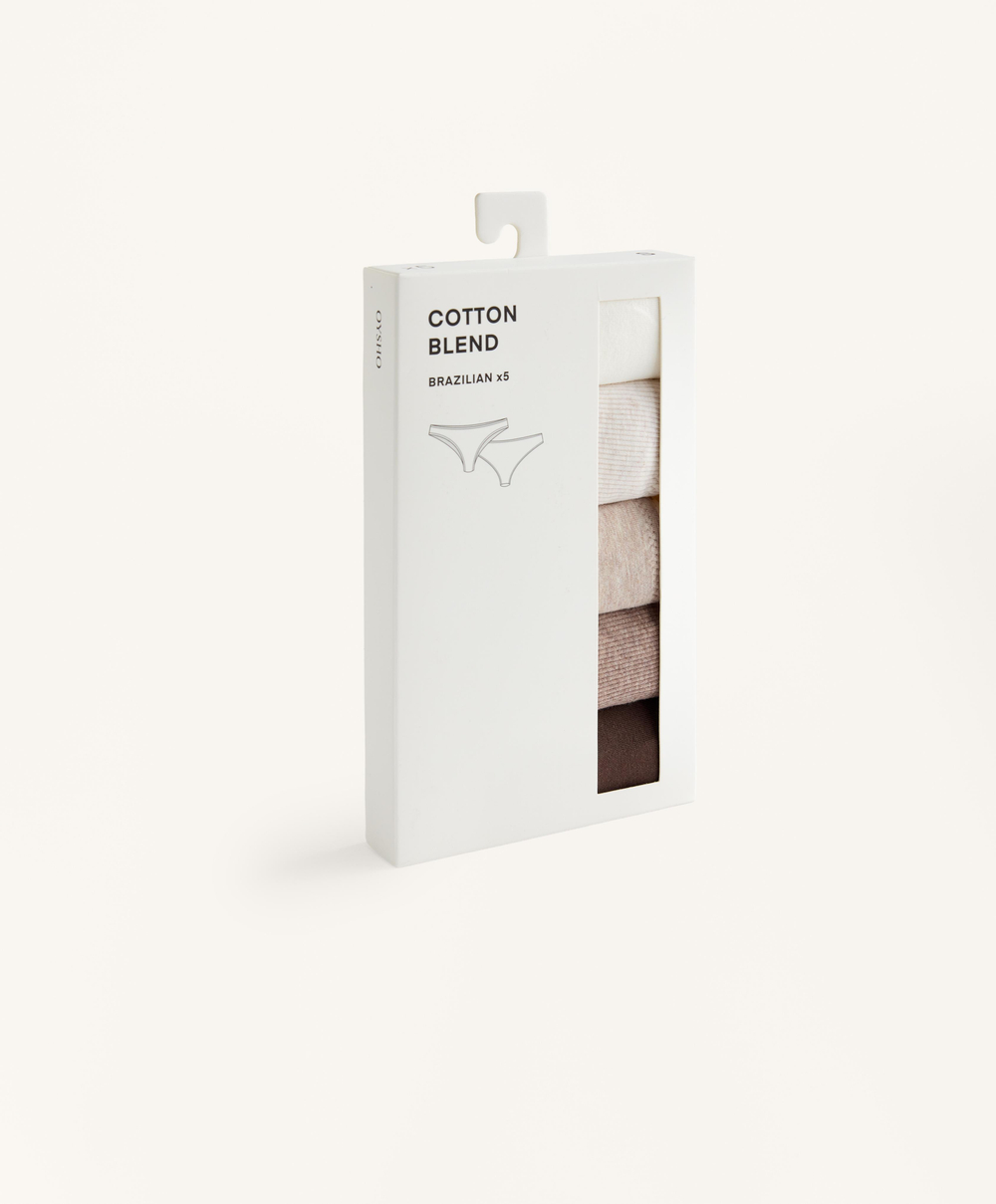 OYSHO Набор из 5 пар трусов-бразильяно из хлопковой смеси в рубчик, бежевый