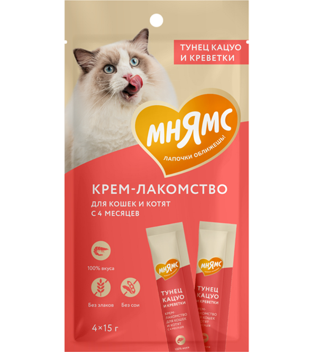 Мнямс Крем Лакомство с тунцом Кацуо и Креветками 15гр.*4шт.