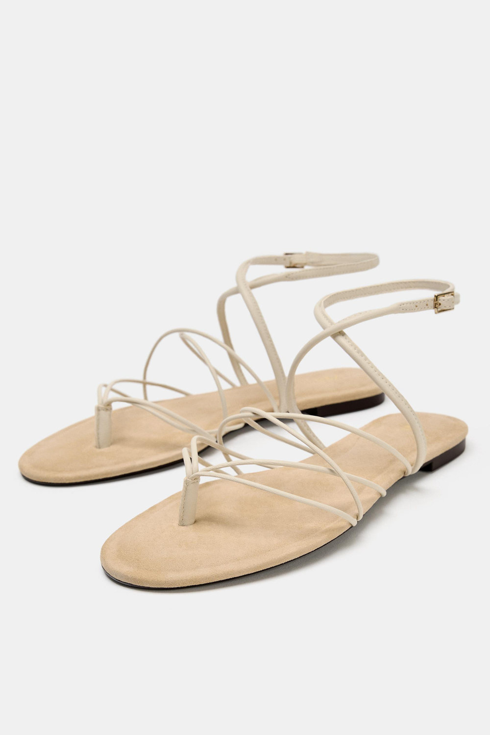 ZARA САНДАЛИИ ИЗ КОЖИ НА ПЛОСКОЙ ПОДОШВЕ, ЭКРЮ