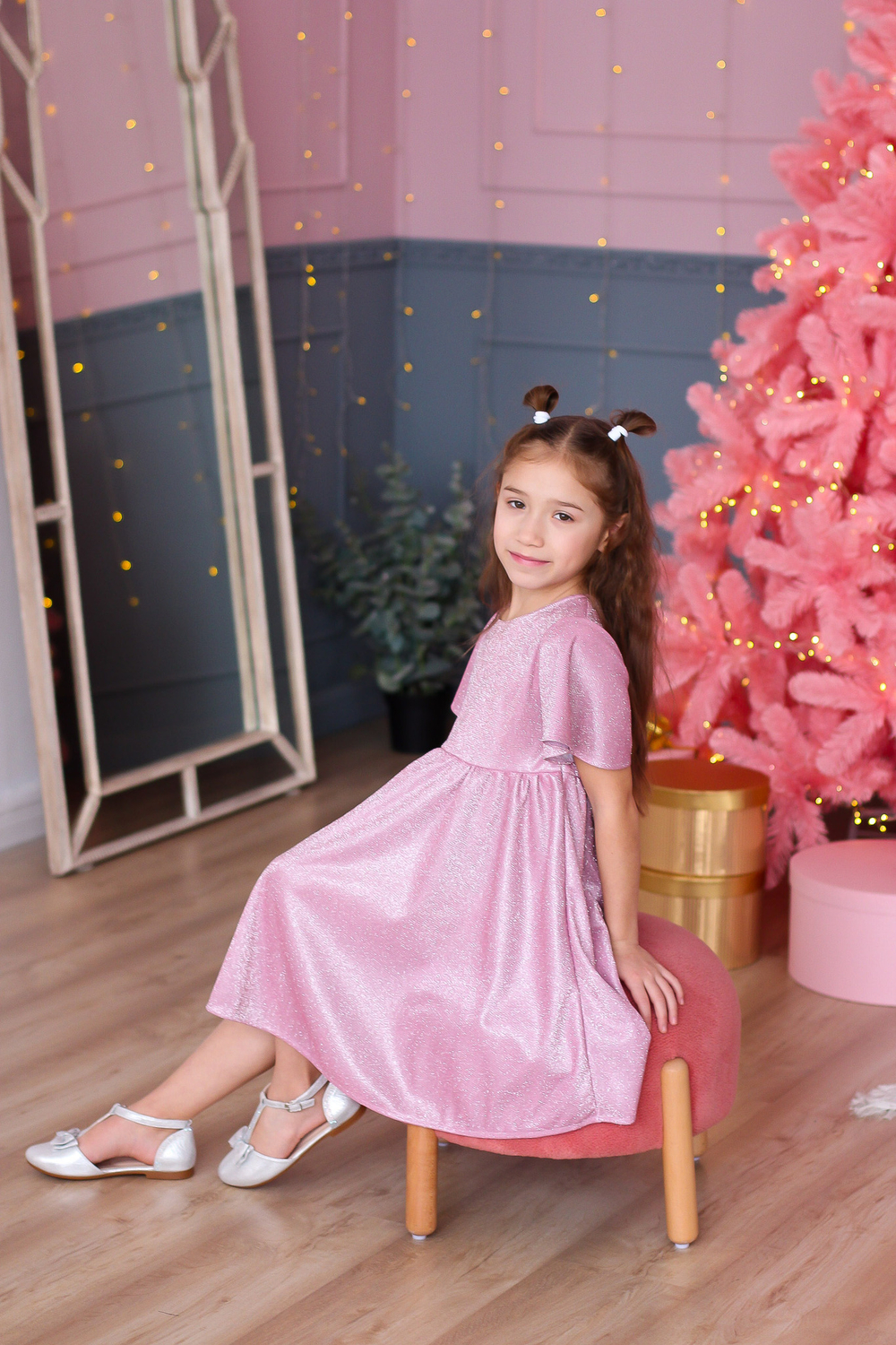 Платье блестящее "Звездочка" с люрексом, розовое