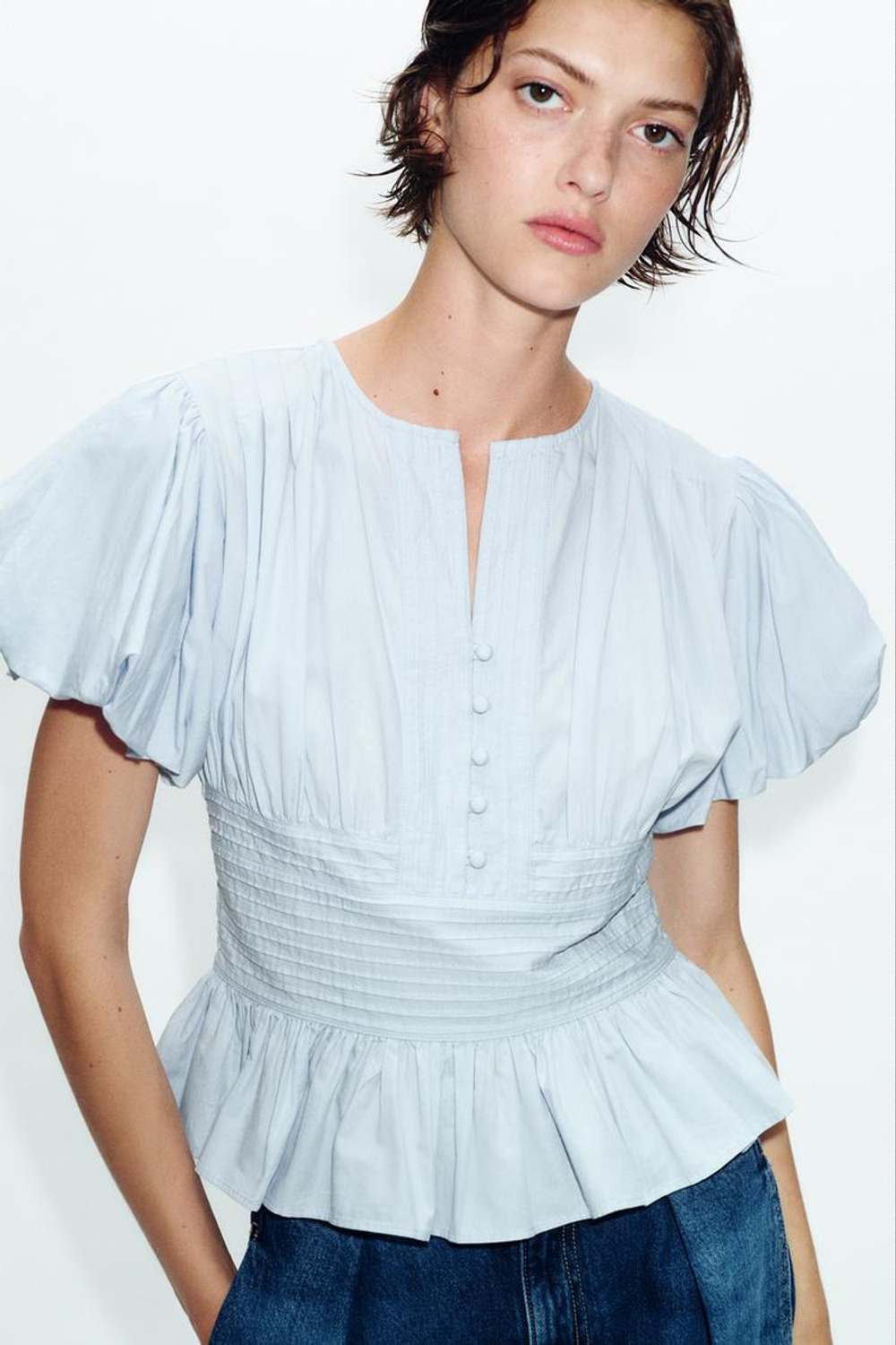 ZARA БЛУЗА С ЗАЩИПАМИ И РУКАВАМИ-БУФФ, НЕБЕСНО-ГОЛУБОЙ