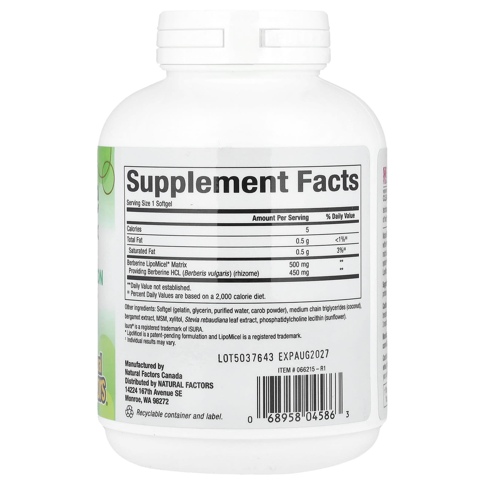 Natural Factors, берберин, LipoMicel Matrix, 500 мг, 90 капсул с жидкостью