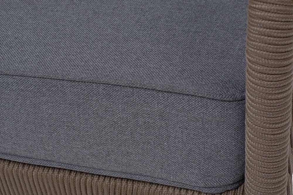 "Канны" диван 3-местный плетеный из роупа, каркас алюминий белый муар, роуп коричневый круглый, ткань темно-серая 027