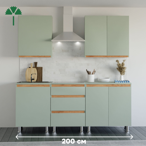 Кухня 200 см Малага со столешницей (5 модулей) / зеленый ЛДСП, массив дуба