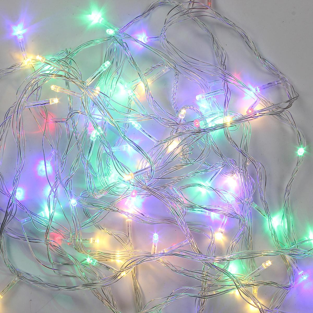 Электрогирлянда LED цвет. 180 ламп, 14м, 8 р.миг, прозрач. провод, кор