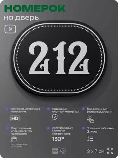 Номерок на дверь квартиры 212, для кабинета, офиса, шильдик 9 х 7 см, черный, Айдентика Технолоджи