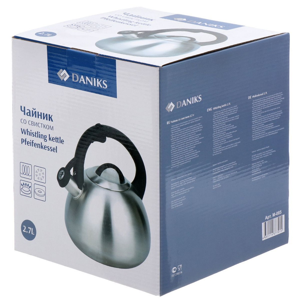 Чайник нерж, 2.7 л, свист, ручк бакелит, с силик покр, Daniks, индукц, стальной, M-085