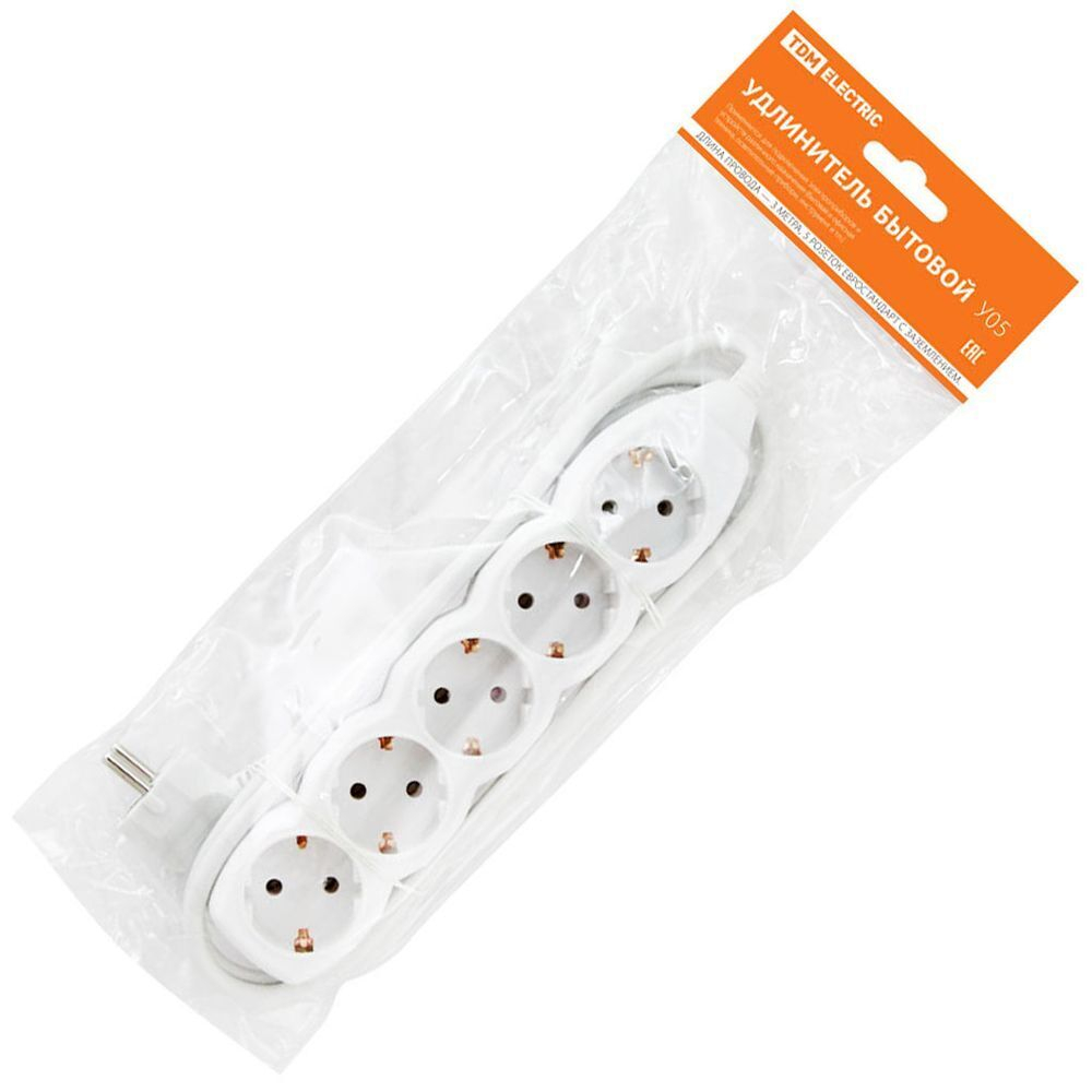 Удлинитель бытовой 5 гн, 3 м, ПВС, 3х1 мм2, с/з, 16 А, 250 В, TDM, У03В, SQ1303-0021