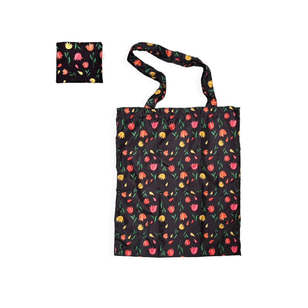 Сумка-шоппер COZA складная "Тюльпаны", чёрный фон, 35х41 см