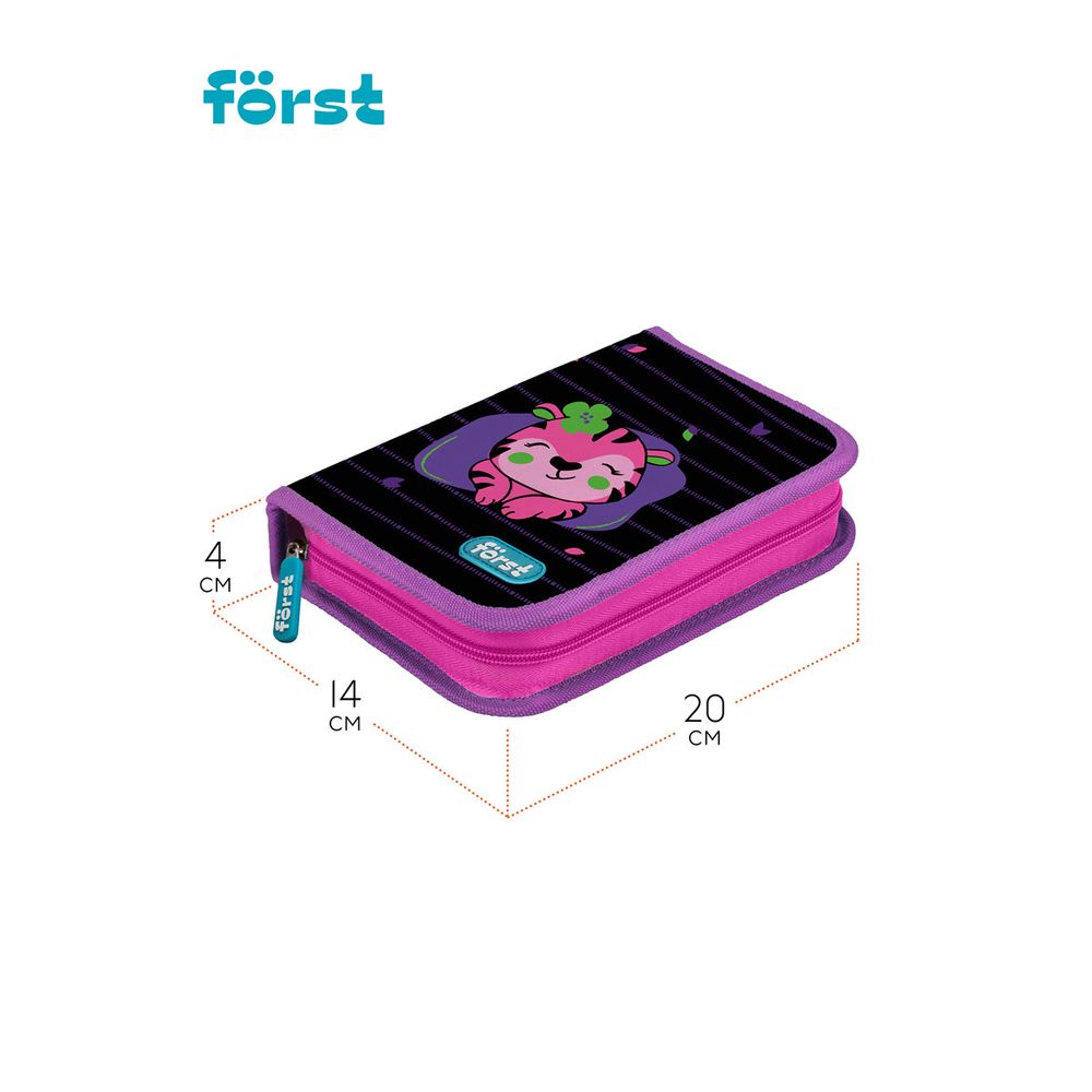 Пенал 1 отделение, 200*140*40 Först "Pink tiger", дополнительная откидная секция, полиэстер