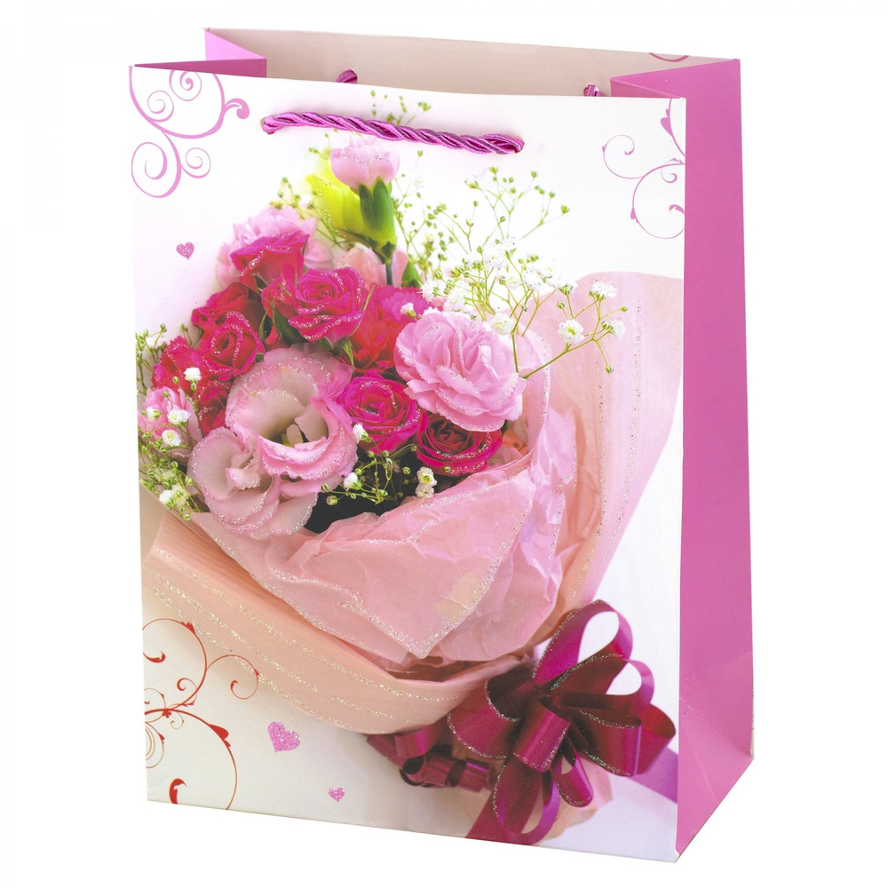 Пакет подарочный бумажный Alingar, (XL) 31х40х12 см, вертикальный, "Нежный букет", мат. ламинация, глиттер, ассорти