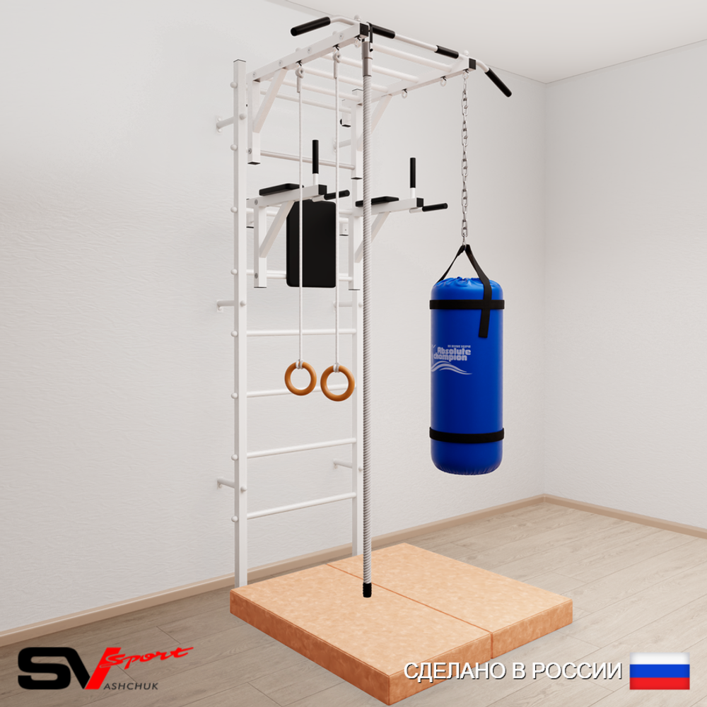 Шведская стенка Sv Sport 5447 (Турник рукоход/Брусья/Канат/Кольца/Цепь/Мешок 30кг/Мат 1м)