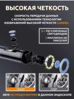 Эндоскоп для смартфона с подсветкой, 2 камеры, 3МП, 8мм, водонепроницаемый, Android/iOS, 2 метра, жесткий