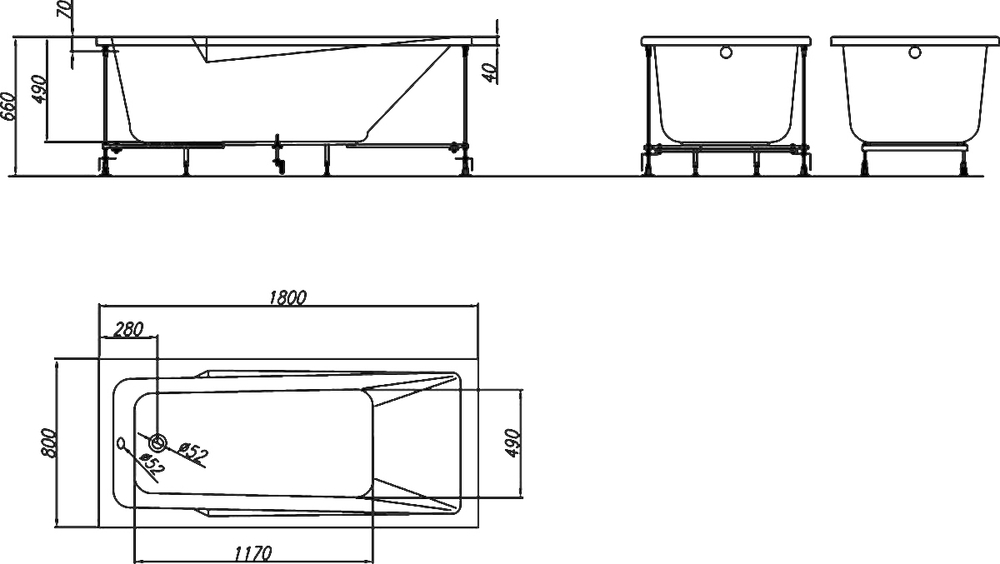 Ванна акриловая прямоугольная KOLPA-SAN ARMIDA 180x80, BASIS в комплекте с каркасом